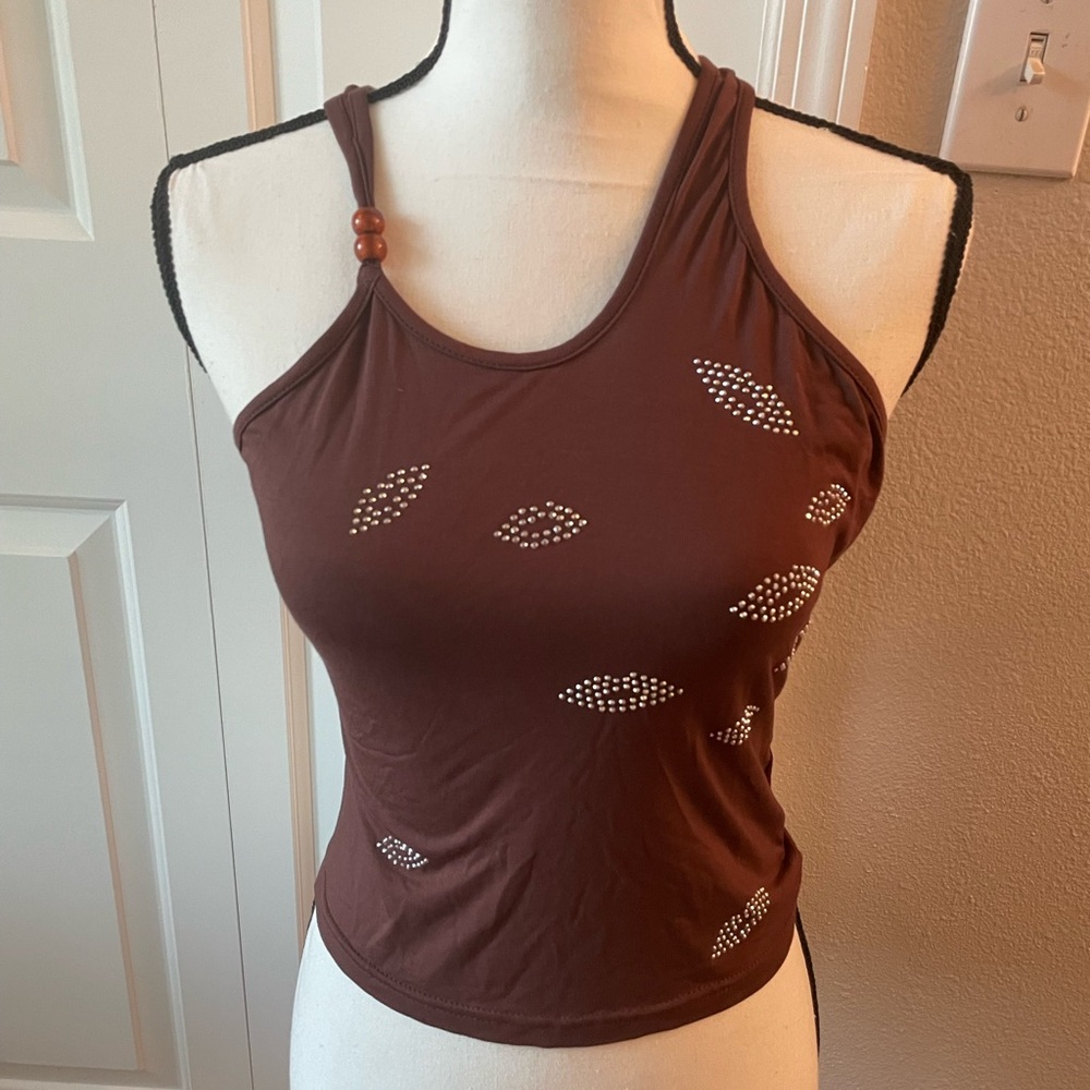 Brown Beaded One-Shoulder Tank Top